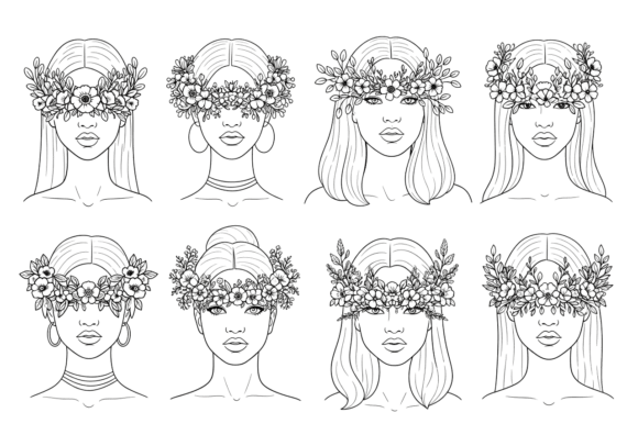 8 Women Floral Crown Line Art Clipart Review